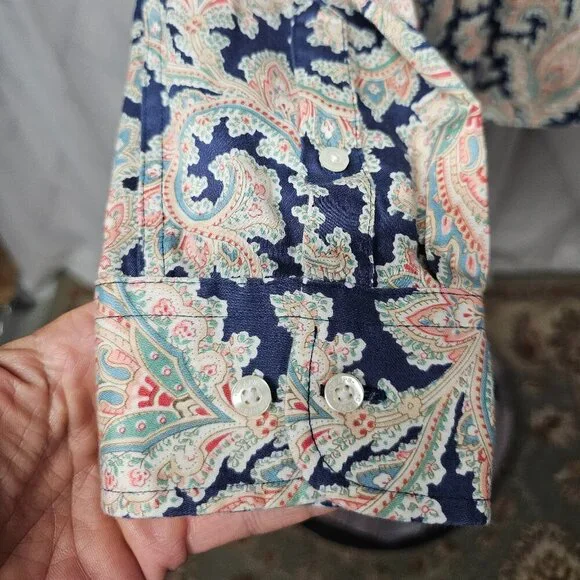 Chaps Navy Blue Pink Paisley Button-Down Long Sleeve Boho Blouse Size PXL - Picture 4 of 12